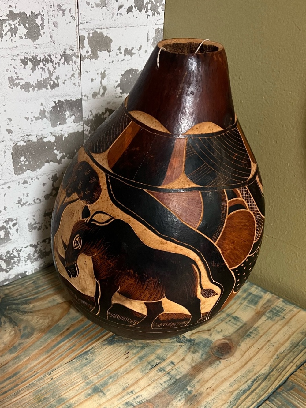 Vintage handmade African etched calabash gourd vessel from Tanzania,